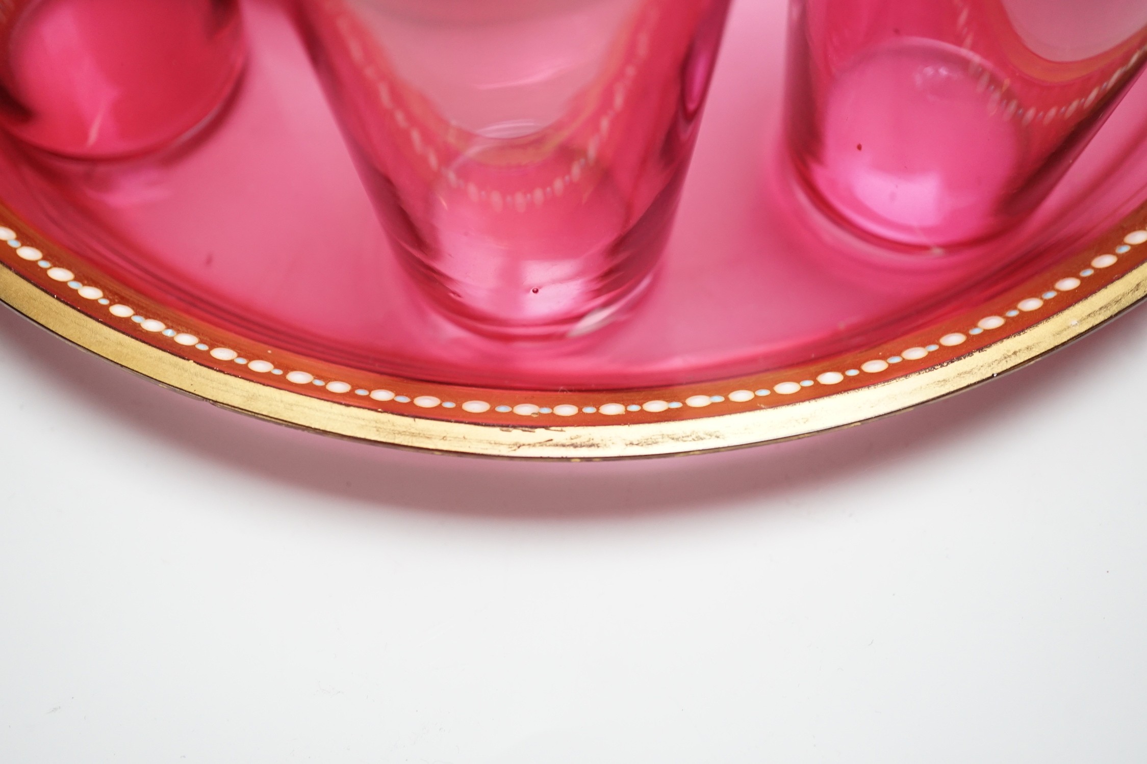 A cranberry glass lemonade six glass set, jug and tray